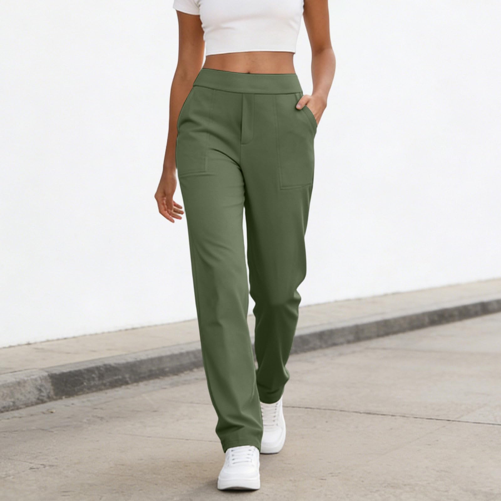 

Women’s Straight Leg High Waist Pants with Elastic Waistband and Pockets Suitable for Everyday and Office Wear M