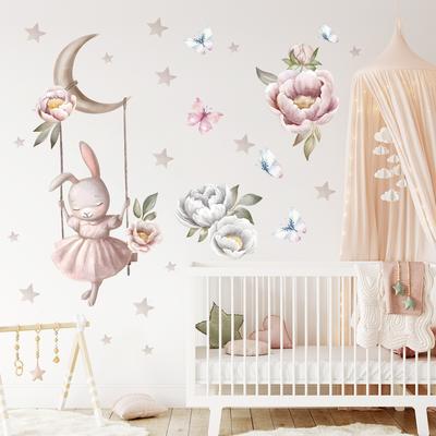 Adesivi murali acquerello con coniglio, fiore e farfalla, rimovibili per camerette, camerette per bambini, decorazioni per la casa
