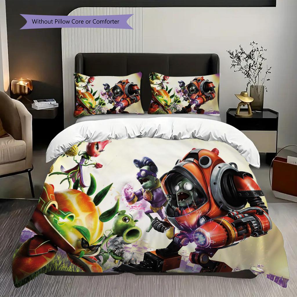 Plants Vs Zombies Battle Royale Dreiteiliges Set (1 Bettbezug + 2 Kissenbezüge, ohne Füllung) 2D flaches Weihnachts-Geburtstagsgeschenk
