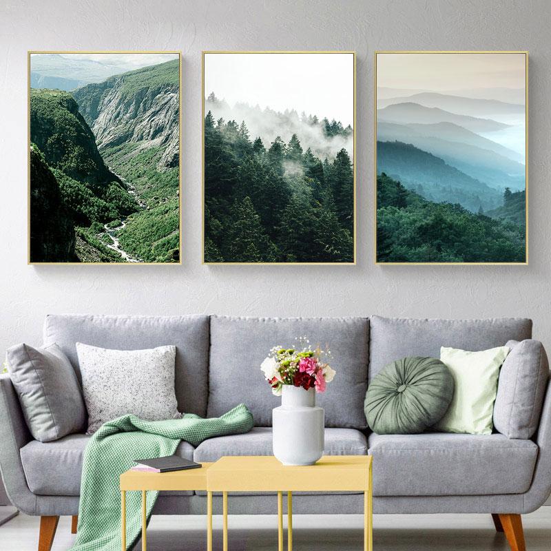 Nordisk Hjemmedekorasjon Fjell Tåkete Skog Bilde Naturlandskap Skandinavisk Plakat Landskapstrykk Veggkunst Lerretsmaleri
