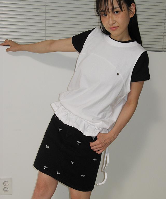 Ronron Ribbon Pattern Denim Short Skirt Deep Black