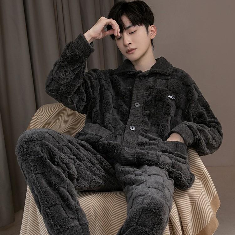 Processing Custom Pajamas Men'S Autumn And Winter Fleece Thickened Long-Sleeved Warm Coral Fleece Flannel Loungewear Set
