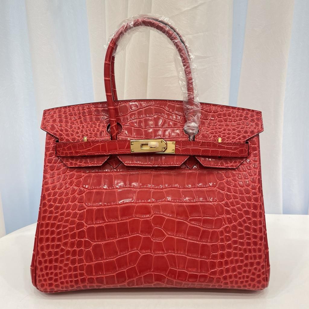 New Top-grain Cowhide Crocodile Pattern Women's Full Pair Version Shoulder Strap Version Handbag Lock Solid Color Women's Bag