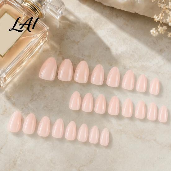 Natural Press-On Nails 24Pcs Women Nude Press on Nails Glossy Almond Stick-on Fake Full Cover Long Glue False Pre-shaped