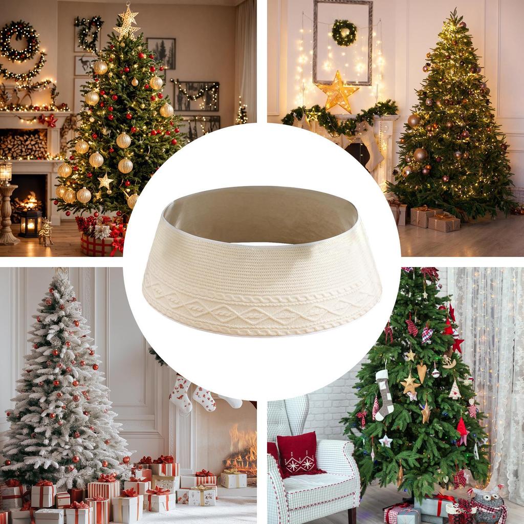 Christmas Tree Base Cover Knitted Rustic Ring Wrap Decor Cream Rhombic Edge Small Christmas Tree Collar For Farmhouse Home