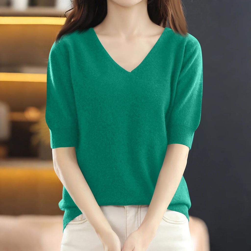 Women's Fashion Loose Knit Sweater Bottom Shirt V-Neck Pullover Sleeves Solid Color Top