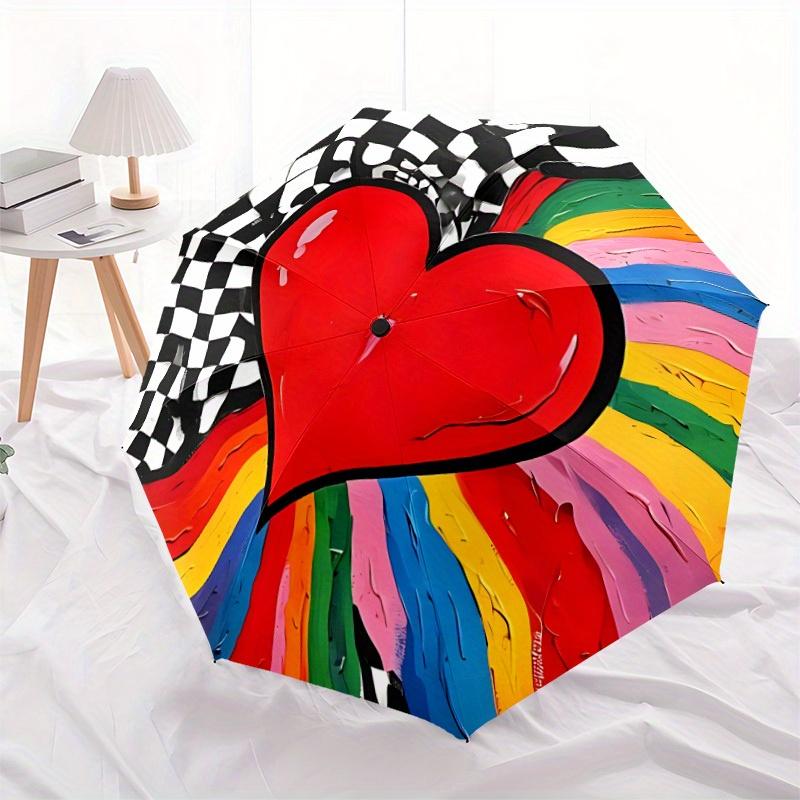 1pc Heart Print Automatic Open/Close Umbrella, Umbrella with Cartoon Design, Portable Compact Umbrella for Men & Women, Good Holiday Gift Yy