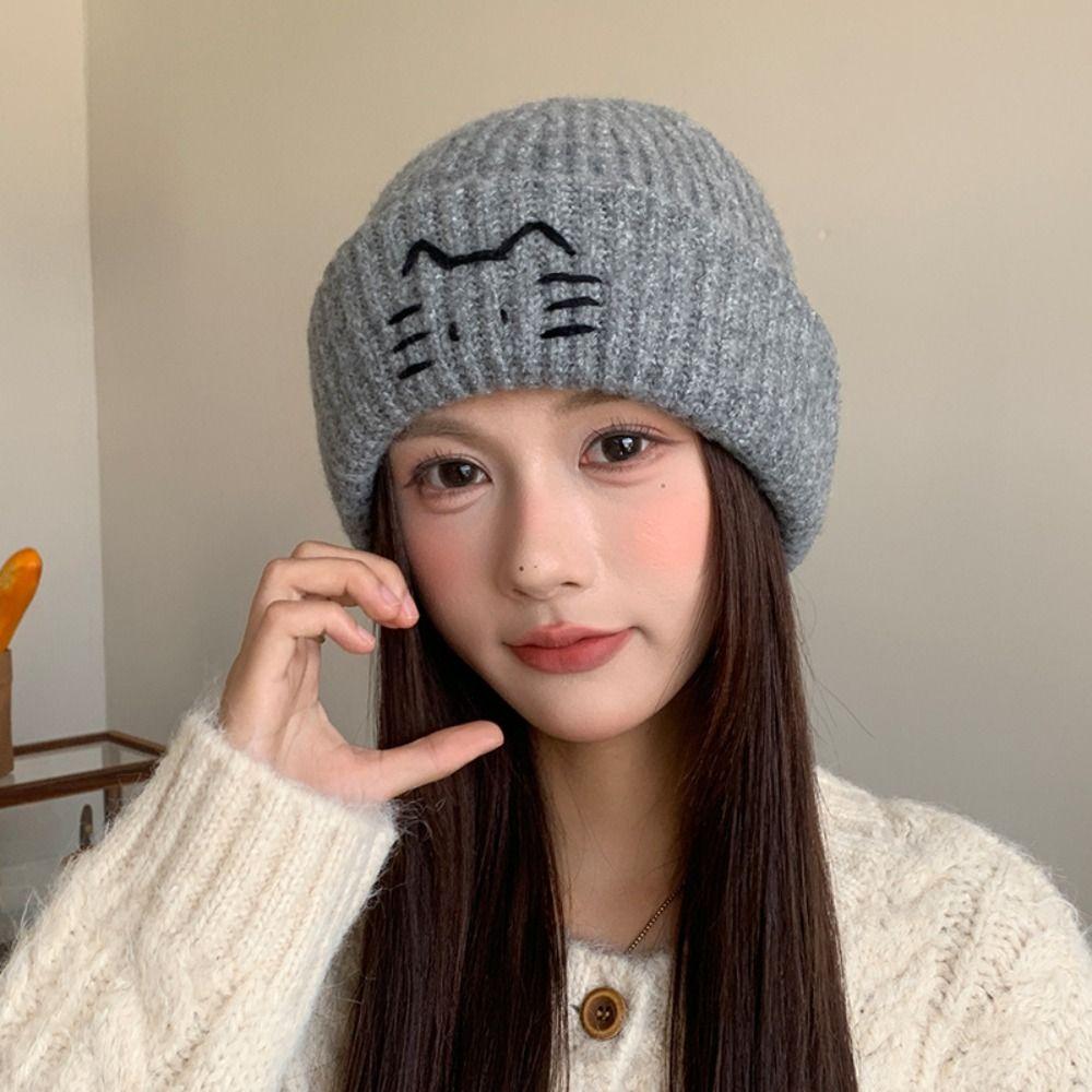 Embroidered Kitten Knit Beanies Warm Printing Knit Cap Casual Cute Cat Knitted Hat Outdoor