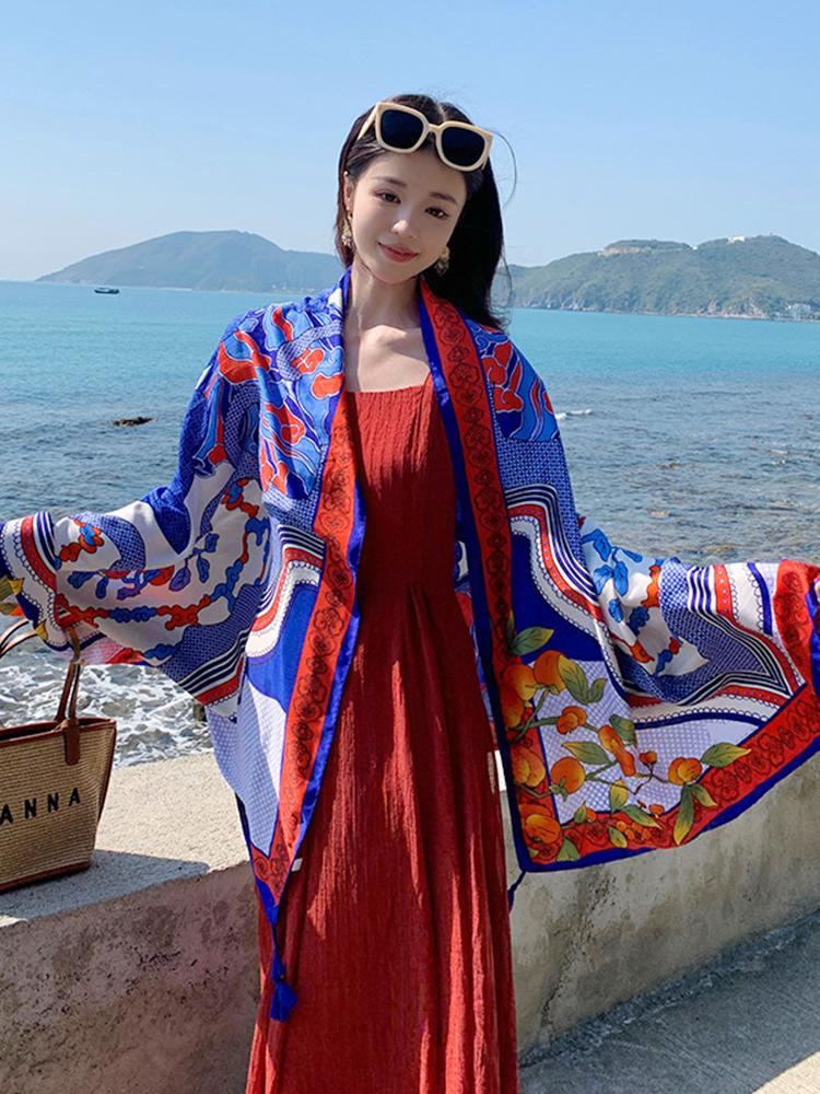 Summer Fashion Elegant Women Silk Scarf Beach Wrap Shawl Print Sunscreen Bandana Hijab Mujer Bohemian Musulman Long Scarve Pareo