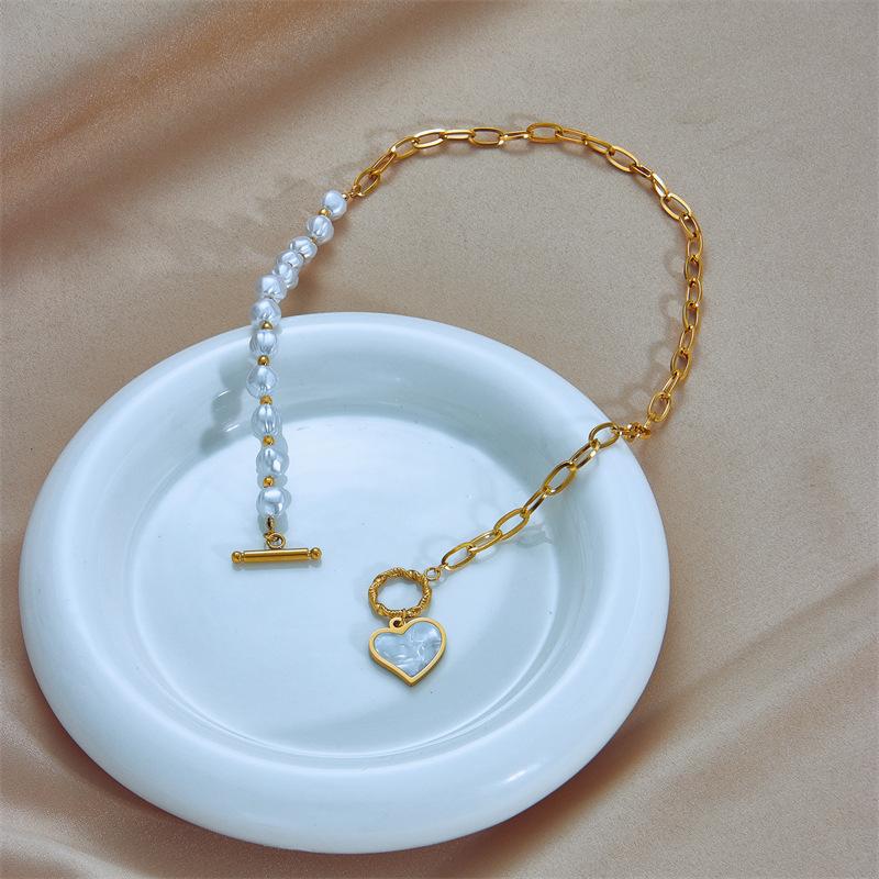 Ladies Titanium Steel Pearl Love Heart Pendant Necklace Jewelry