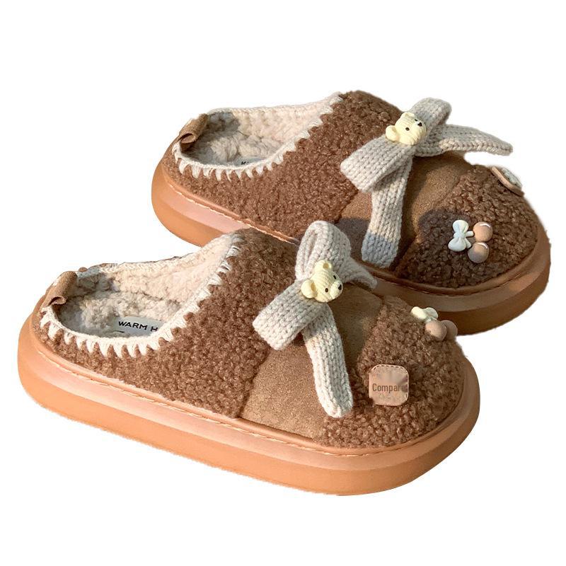 Damen-Hausschuhe aus Baumwolle mit Plüschbärenmotiv – dick, warm, Winterschuhe für drinnen und draußen