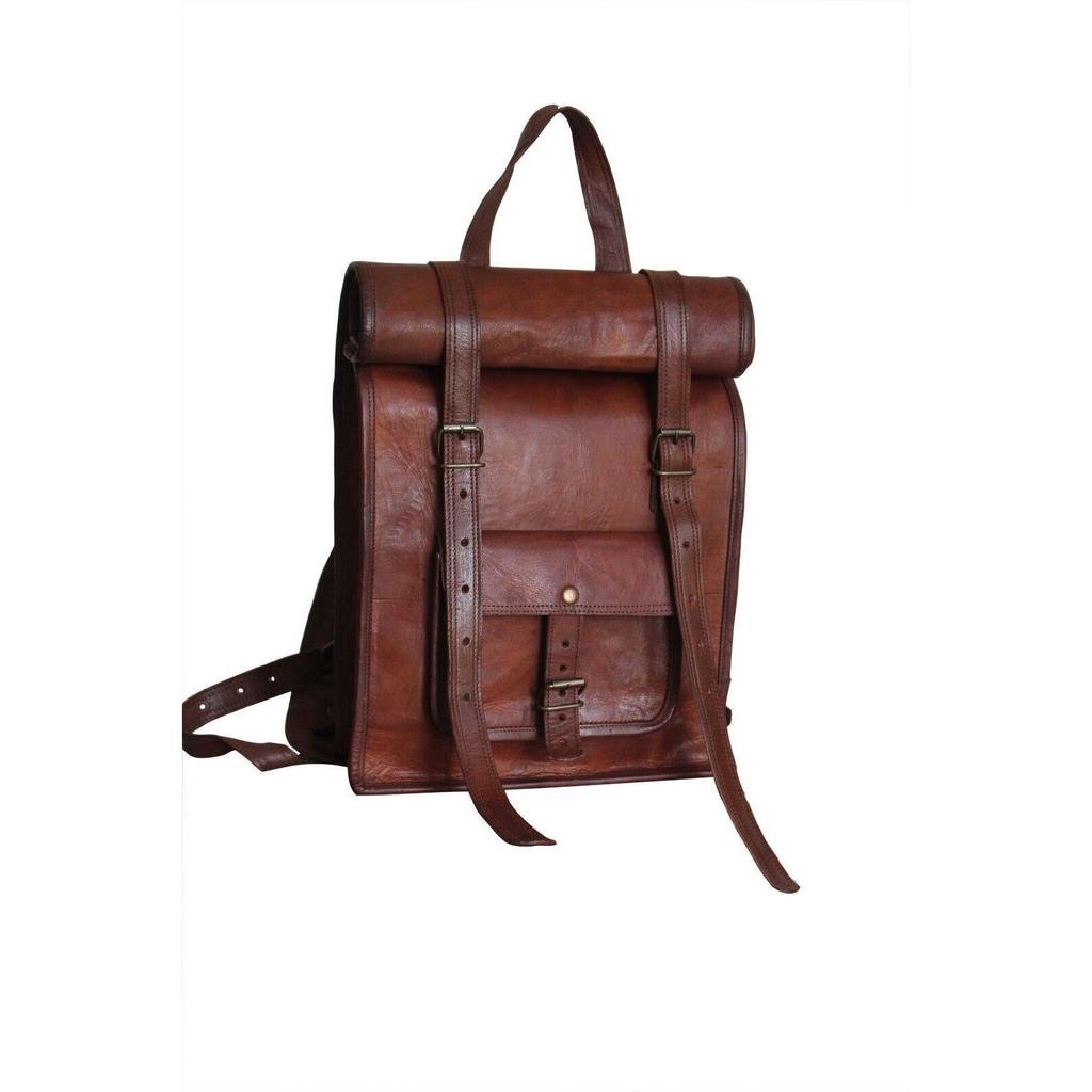 Handmade Classic Genuine Brown Goat Leather Laptop Satchel Backpack Travel Bag