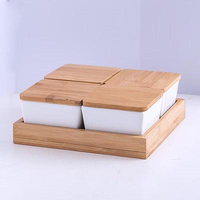 Ensemble de plateaux à snacks compartimentés en céramique Qianxing avec couvercle en bambou