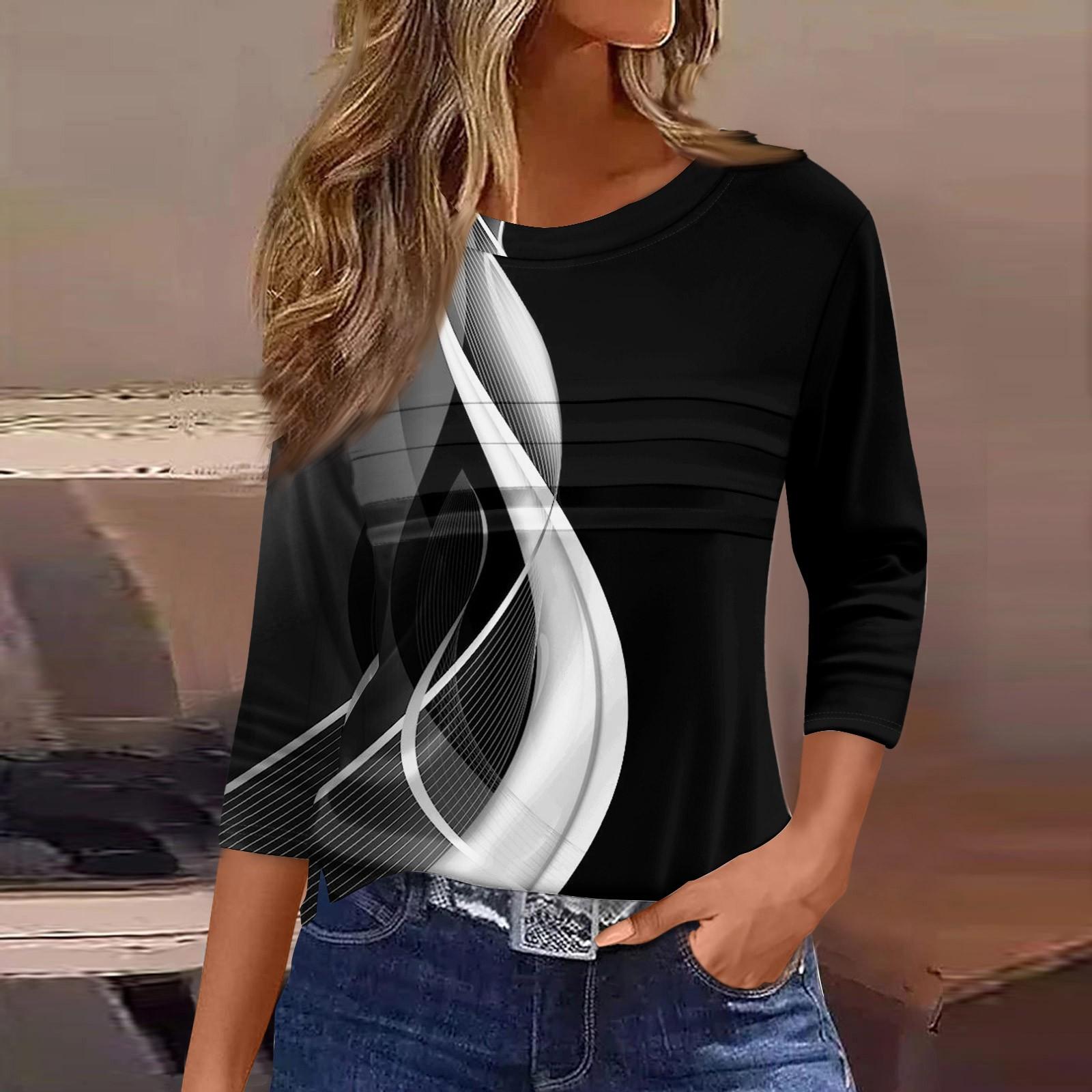 

Женская мода повседневный свободный топ с рукавом 3/4 в полоску с круглым вырезом M чёрный