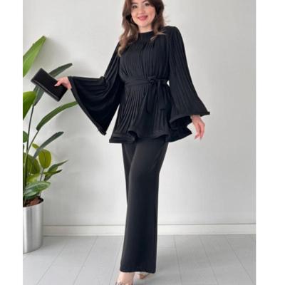 2024 Nieuwe Damesmode Vetersluiting Geplooide Top & Wijde Broek Set