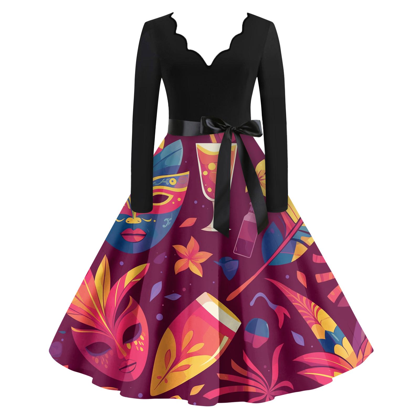 

Женское повседневное модное платье с V-образным вырезом и длинным рукавом с принтом в винтажном стиле XL