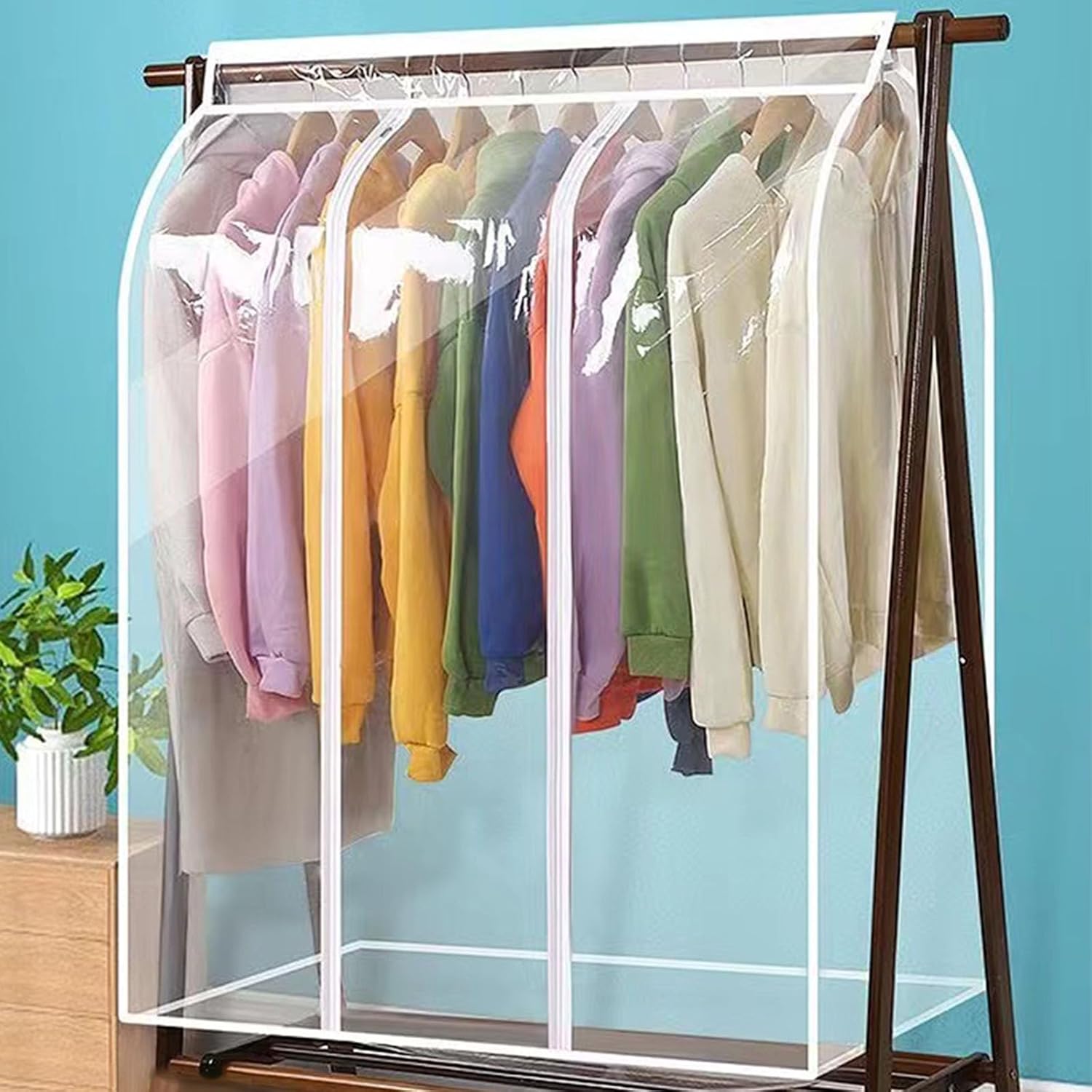 50 Garment Bags for Hanging Clothes, Large Translucent Frosted Garment Rack Cover Bags with Zipper and Hook and Loop Closure, Polyethylene Clear - A