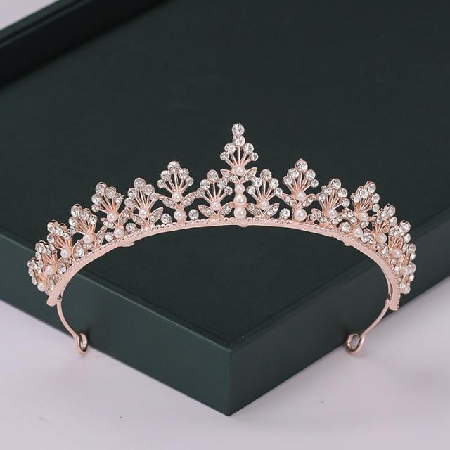 Rose Trendy Color Gold Tiaras And Crowns Pearl Crystal Princess Diadems Sale Queen Wedding Bridal Hair Accessories Headpiece