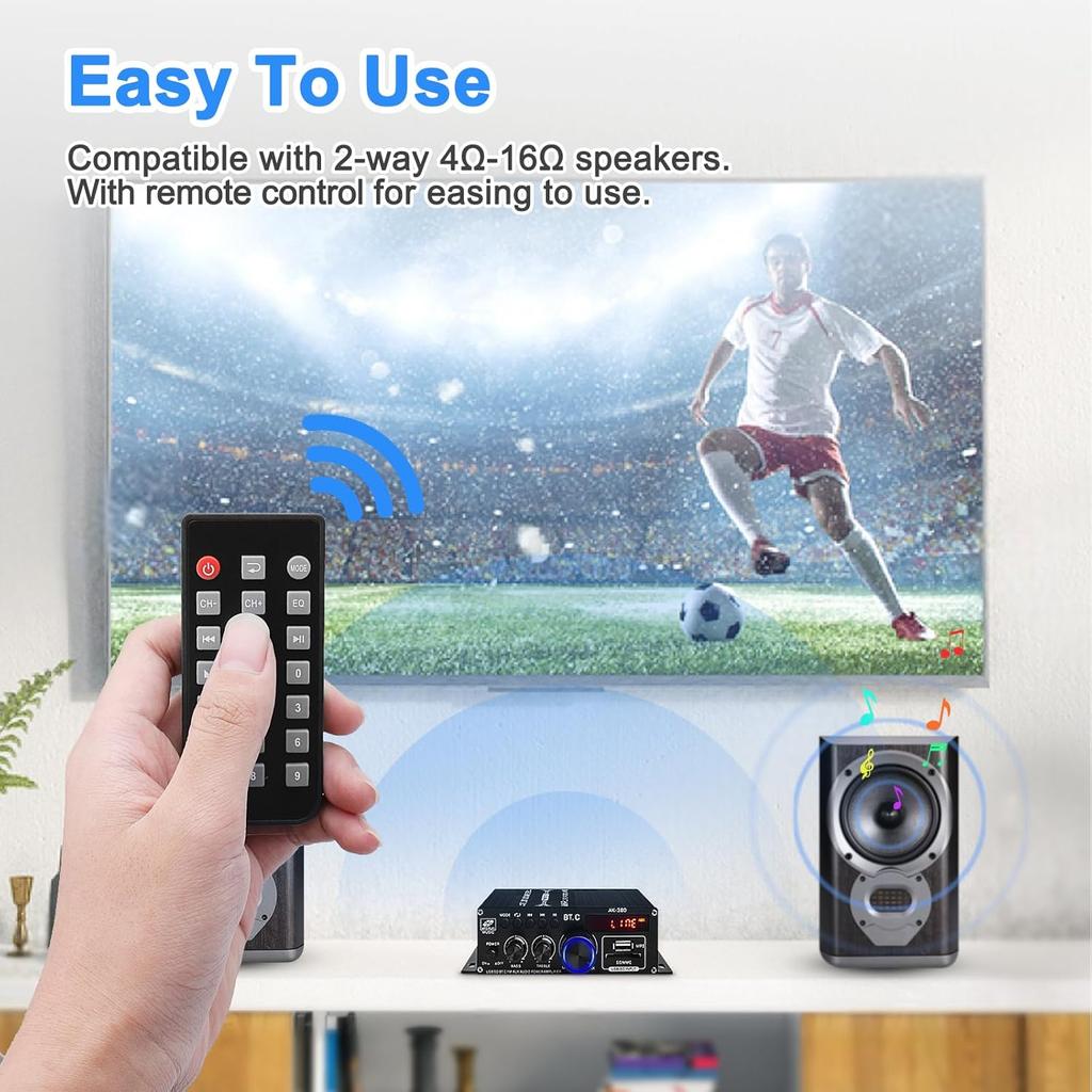 Bluetooth 5.0 Audio Power Amplifier AK-380 400W+400W 2.0 CH HiFi Stereo Amp Receiver with USB,SD,AUX,Remote Control,FM Antenna for Car Home Speaker