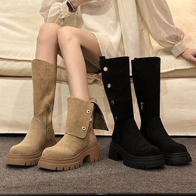 Fashion Design Thick Sole Height Increase Long Boots Women Suede Mid Calf Knight Boots Chunky Heel Warm Western Boots Casual Women Shoes