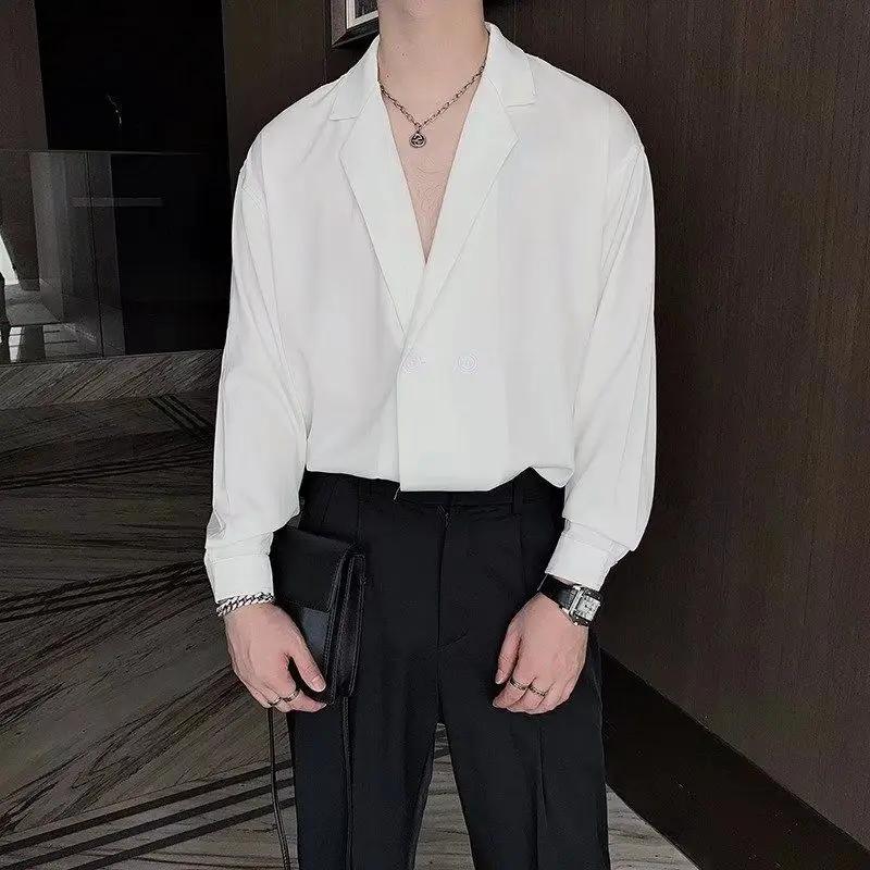 Spring and Autumn Fashion Advanced Loose Casual Business Flip Collar Double Breasted Buckle Solid Color Long Sleeved Shirt