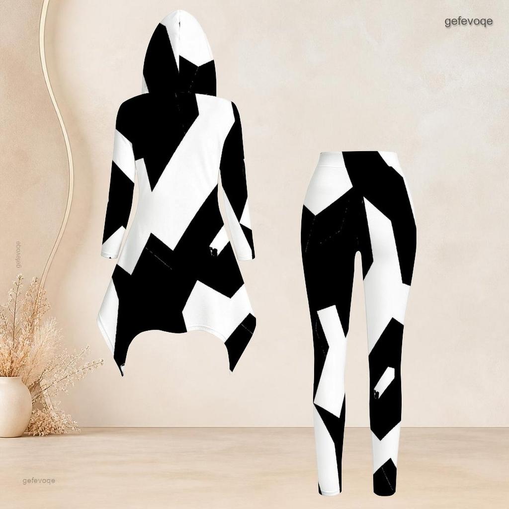 Women Plus Size Black White Printed Hooded Long Sleeve High Low Top Fitted Pants Two Piece Set