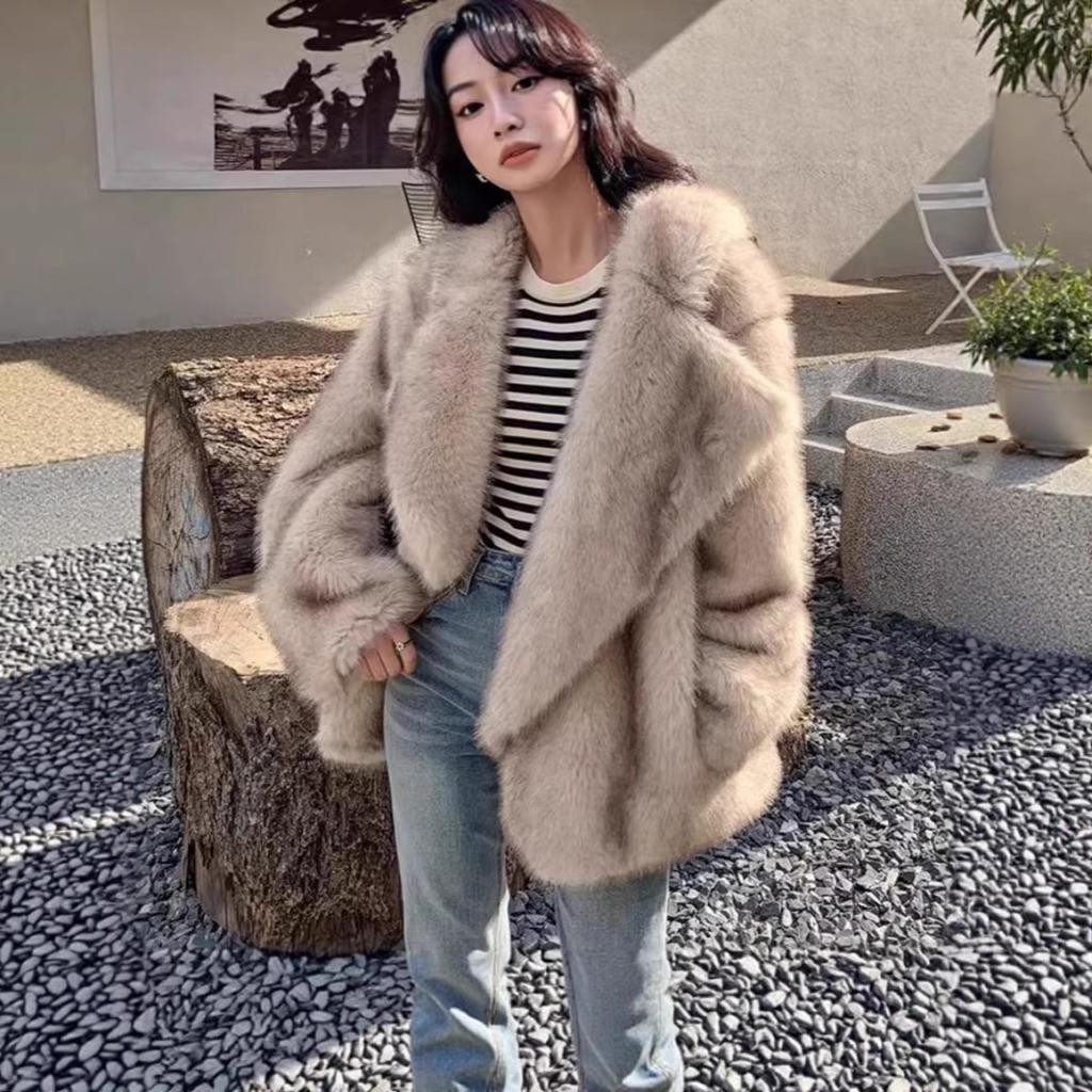 Women's Loose Comfortable Mid-length Faux Fur Coat Fashion Versatile Large Lapel Fluffy Fur Jacket