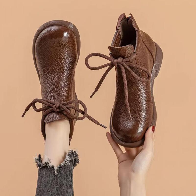 Prawdziwa Skóra Wygodne Płaskie Krótkie Botki Miękka Powierzchnia Miękka Podeszwa Wygodne Wszechstronne Damskie Skórzane Botki Skóra Bydlęca Antypoślizgowe Botki 35-41