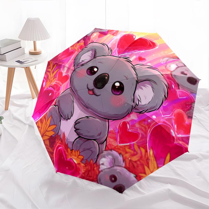 Fantasia koala rosa, ombrello pieghevole automatico, design portatile e pieghevole, 8 stecche, un regalo di Natale o di compleanno.