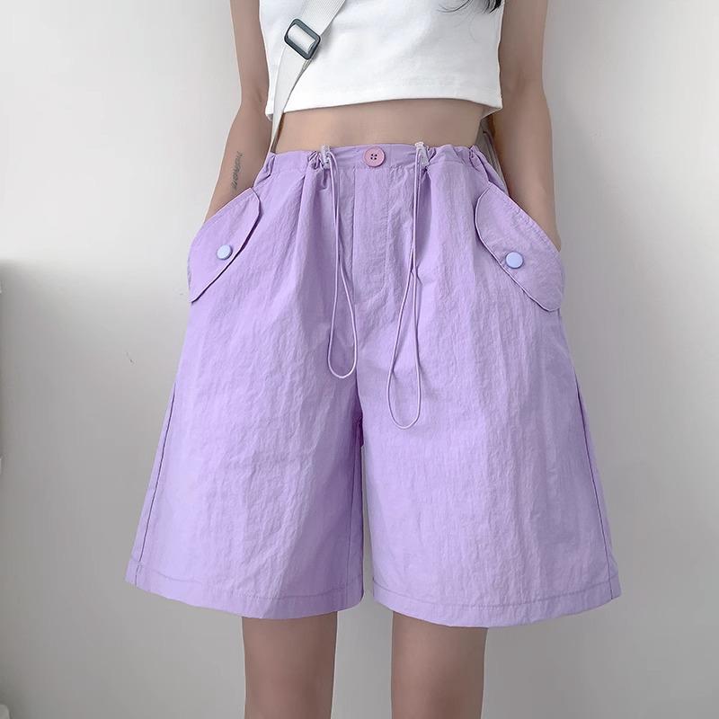 Women's Pink Quick-Dry High Waist Cargo Shorts - Loose, Lightweight, Wide-Leg Summer Sports Pants.