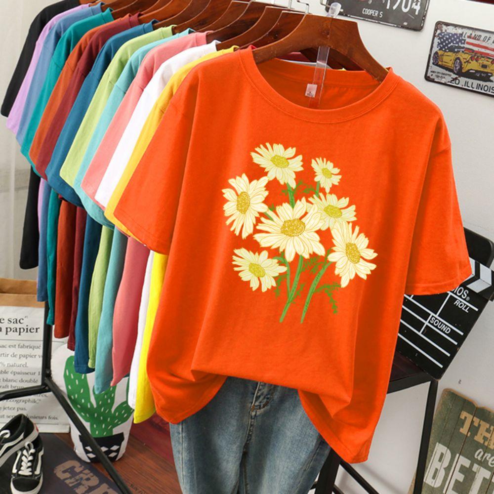 Street Baumwolle Damen T-Shirts Frisch Harajuku Gelbe Chrysanthemenblumen Drucke Oberteile Locker Rundhals Weiche T-Shirts Damenbekleidung