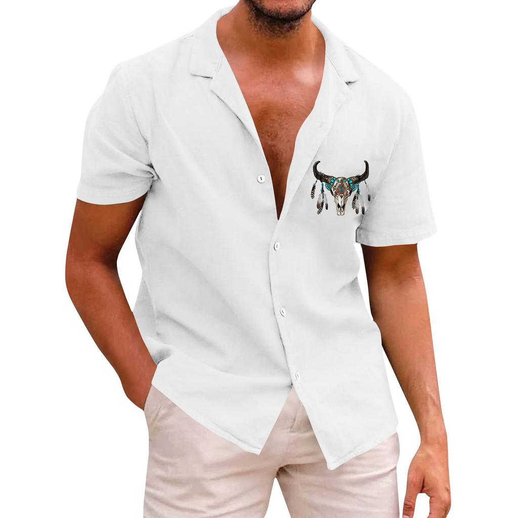 Bohemian Men's Casual Printed Short Sleeved Single Breasted Lapel Shirt
