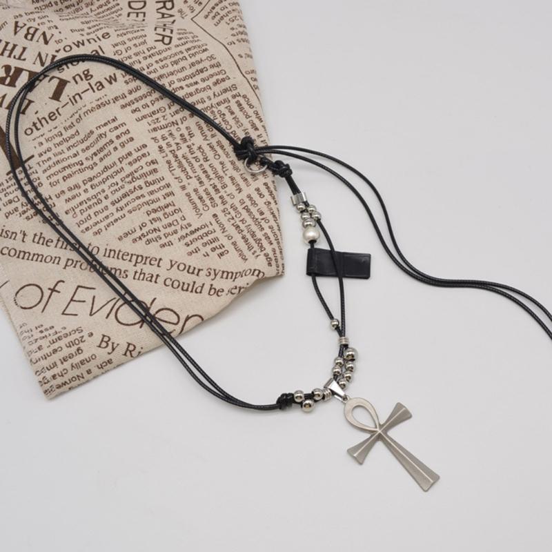 Lederseil Titanstahl Halskette Kreuz Anhänger Choker Kette Lange Pulloverkette Partner Schmuck Ornament Damen Mädchen