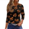 Women 3/4 Sleeve Casual Loose Fit Shirt Round Neck Halloween Pumpkin Print T-Shirt Top for Everyday Wear