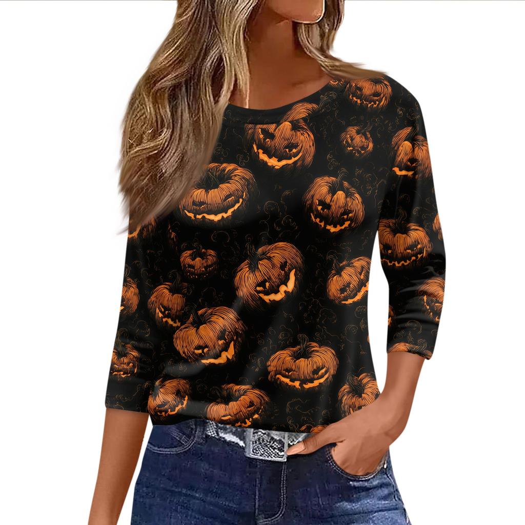 Women 3/4 Sleeve Casual Loose Fit Shirt Round Neck Halloween Pumpkin Print T-Shirt Top for Everyday Wear