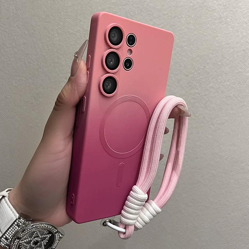 Luxusní pouzdro Magsafe s gradientní barvou pro Samsung Galaxy S25 S24 S23 S22 S21 Ultra S25 Plus Kryt z tekutého silikonu s měkkým řetízkem na ruku