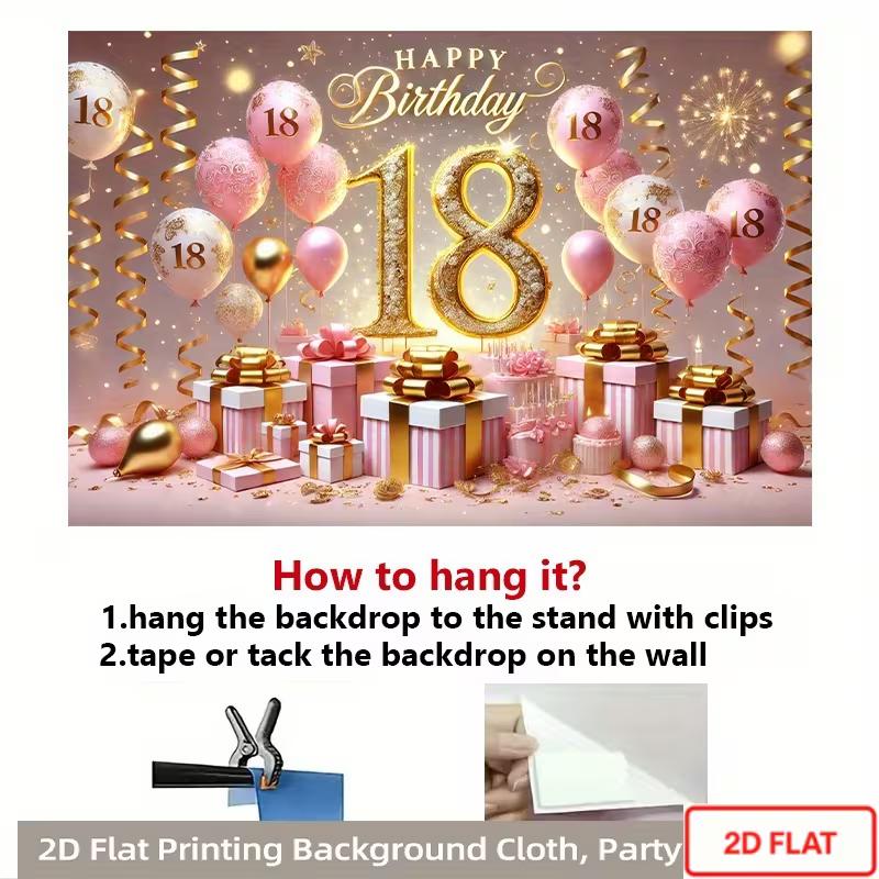 2D Sparkle Pink Gold 18th Happy Birthday Photography Backdrop with Balloons