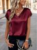 Women's Solid Color Satin V-Neck T-Shirt - Spring/Summer Casual Business Top