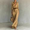 Khaki Shirt Style Long Dress with Deep V Neck and Side Draping