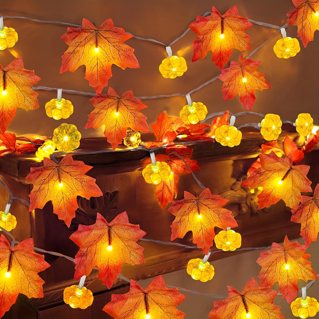 1 Pack LED Battery-powered 3D Illuminated Maple Leaf and Pumpkin Garland Lights, Warm White and Multicoloured Autumn Leaves