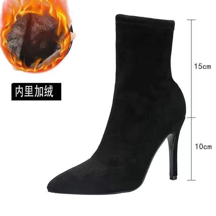 Leather 2025 autumn and winter pointed toe thin heel short boots women's black suede high heel socks boots bare boots Internet celebrity elastic