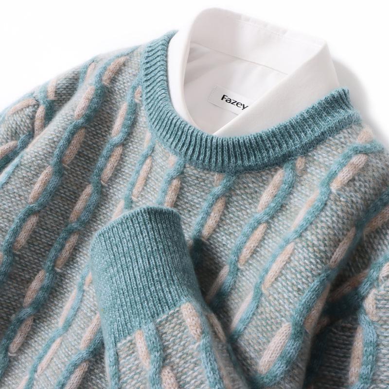 

Men s 100% Wool Color Block Sweater, Round Neck, Thick Knit, Loose Fit, Autumn/Winter Base Layer Small чирковий