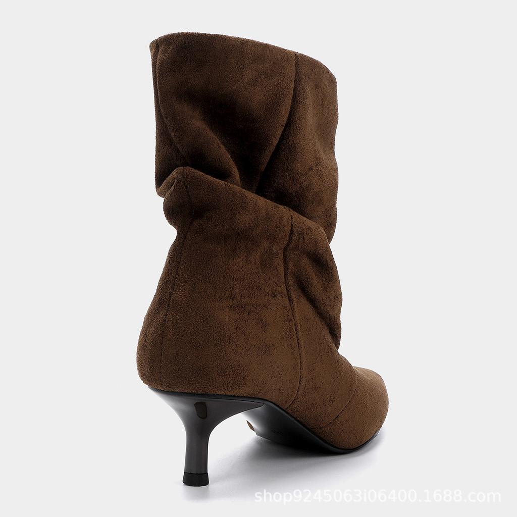 Stivali nuovi stivali plissettati impilabili stile retrò stivali di media altezza da donna camoscio tacco sottile stivali versatili stile deserto