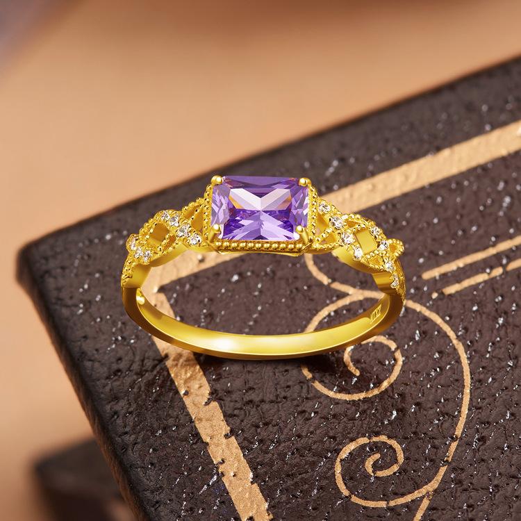 2026 Rectangular Purple Zircon Gold-plated Open Ring for Women, Light Luxury Niche High-end Sense Resizable