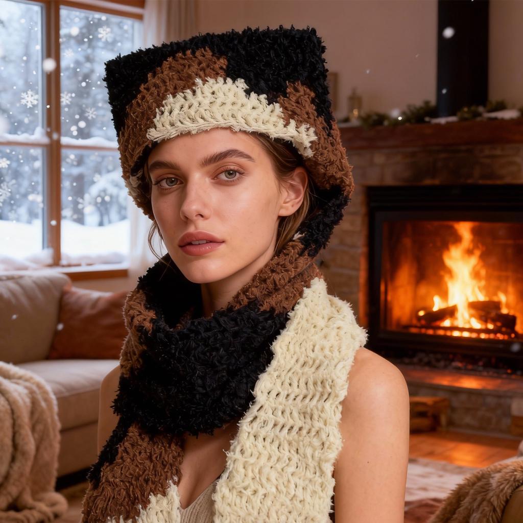 Three,color Crochet Scarf And Warm Knitted Hat