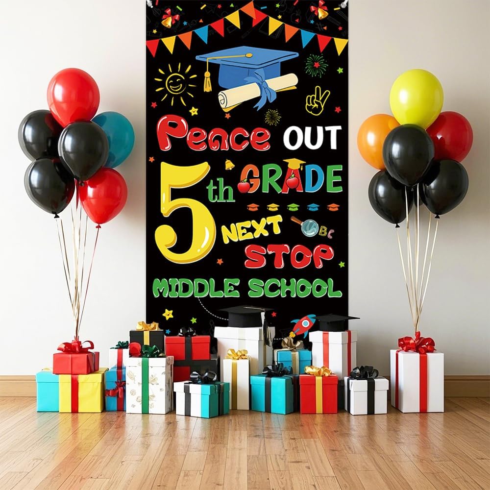 MEHOFOND 5th Grade Graduation Door Cover Peace Out 5th Grade Next Stop Middle School Front Door Banner Class Of 2025 Door Hanging Cover Decorations