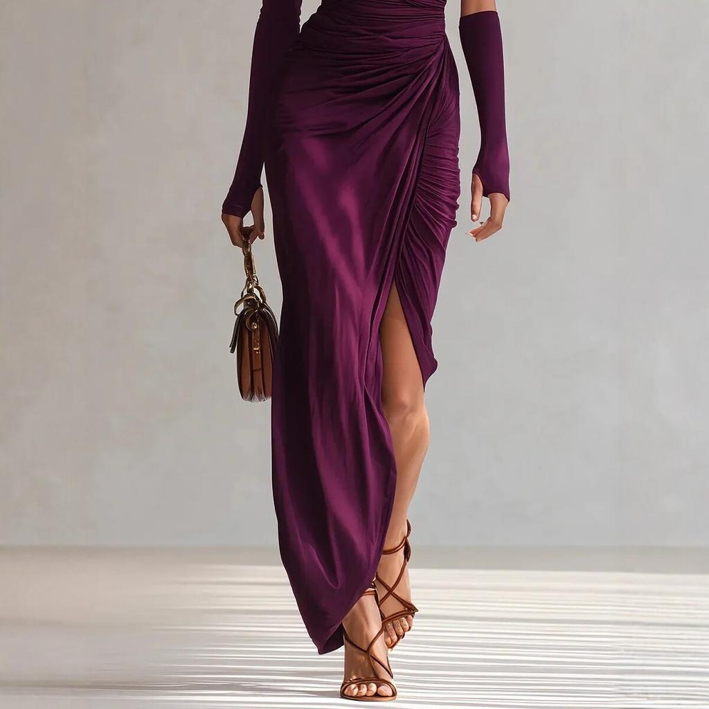 New European and American Style Purple Pleated Long-sleeved Shoulder Dress Women's Slim Temperament Dress Dress