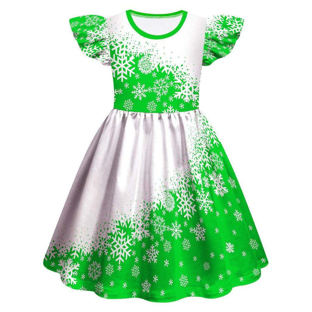 Kids Girls Cartoon Santa Claus Christmas Tree Snowflake Print Ruffle Sleevess New Year Dress