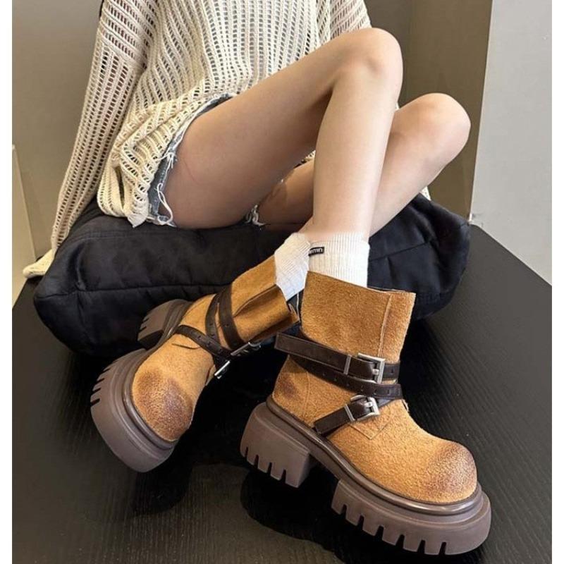 New retro fashion versatile thick heel round head Martin boots women's shoes medium tube short boots heightened and thin western boots