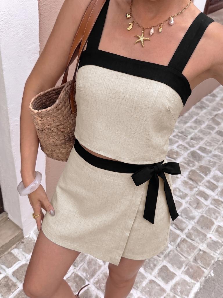 Women Casual Color Block Sleeveless Crop Vest Bow Mini Skirt Two Piece Summer Outfit